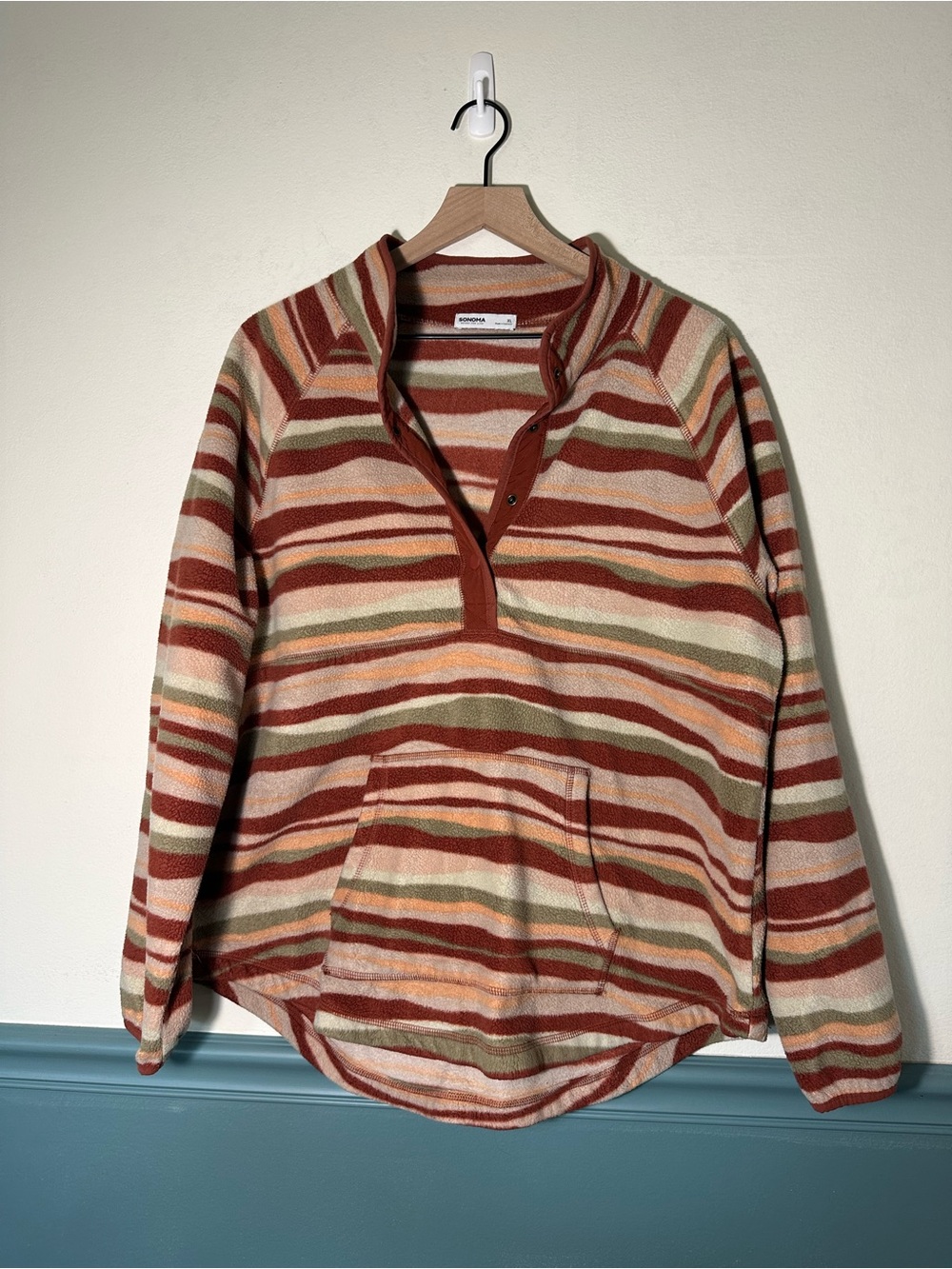 Sonoma Striped Snap-Neck Pullover - Rust, Cream, Olive & Tan